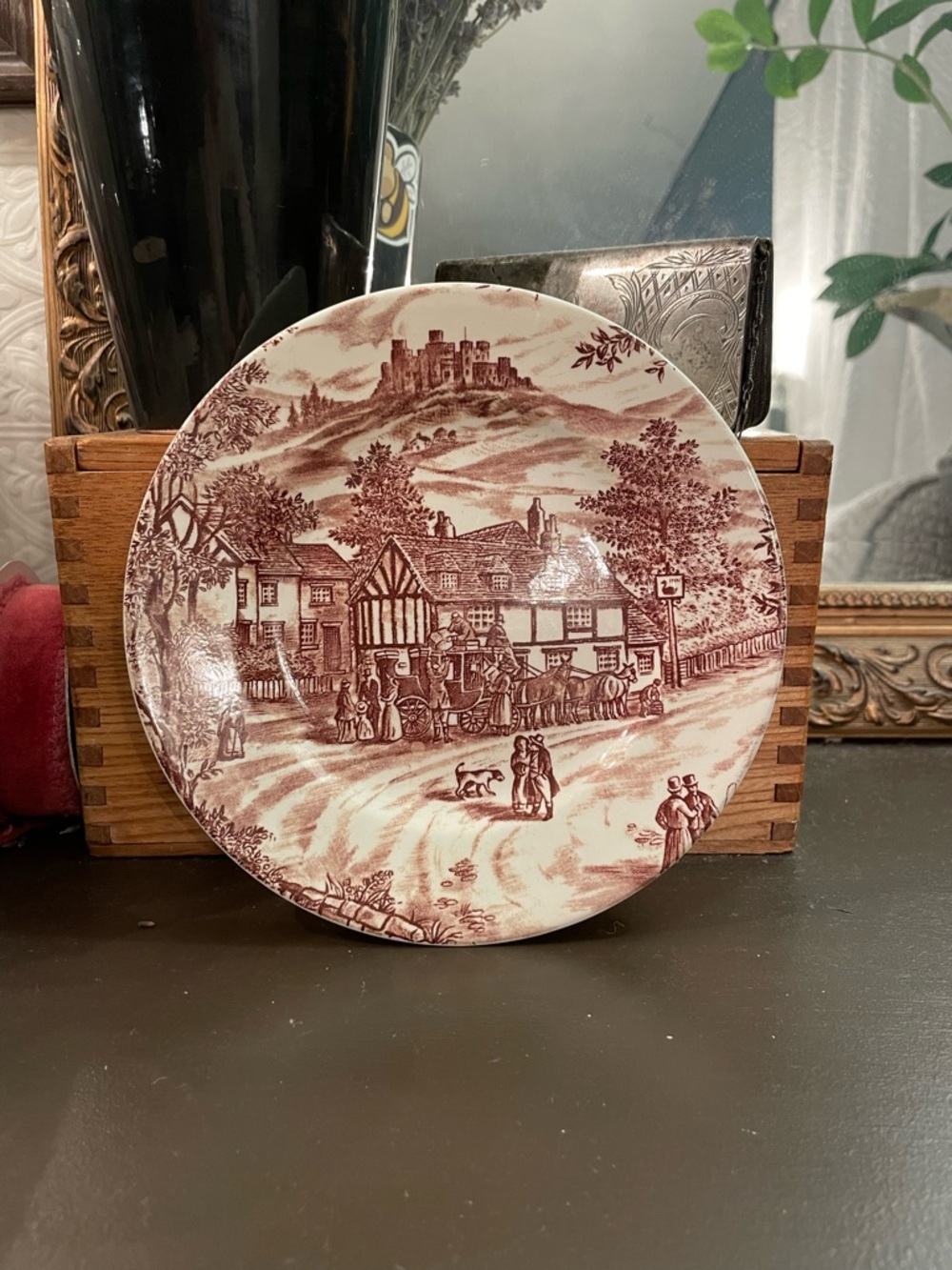 1970 Broadhurst Staffordshire Swan Inn Ironstone Plate England Red Brown